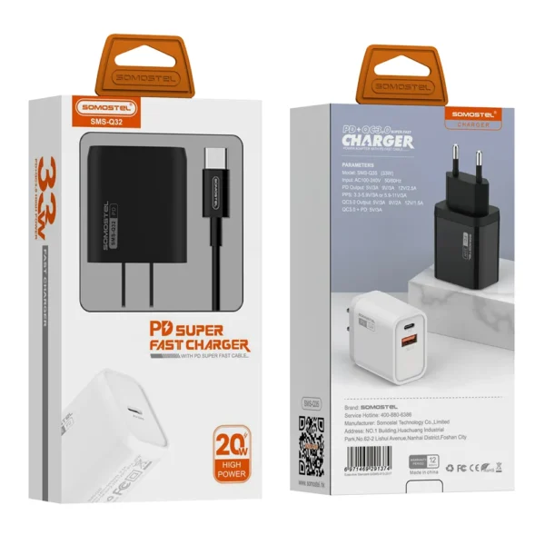 Cargador Somostel SMS-Q35 33 W – Dual-Port PD + QC 3.0 de Alta Velocidad